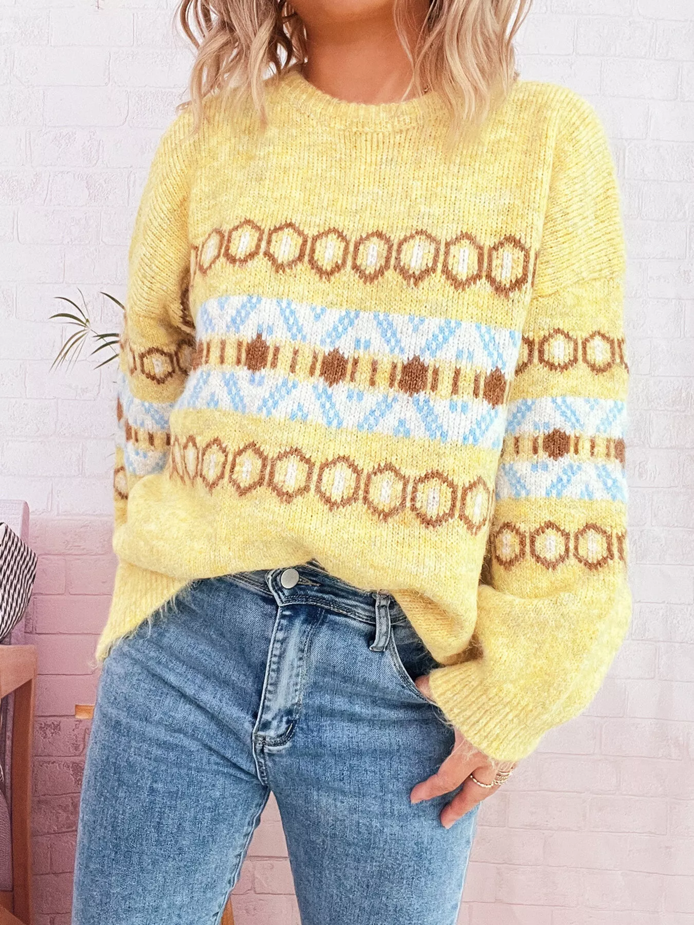 Contrast Round Neck Drop Shoulder Sweater - Image 11