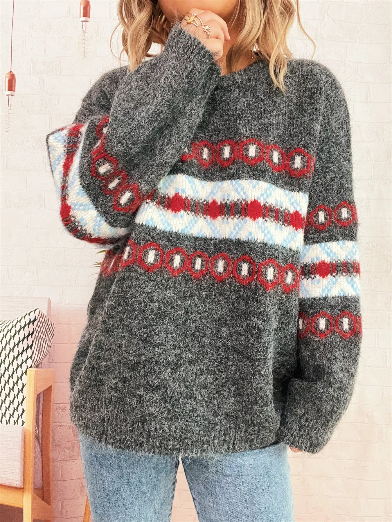 Contrast Round Neck Drop Shoulder Sweater - Image 2
