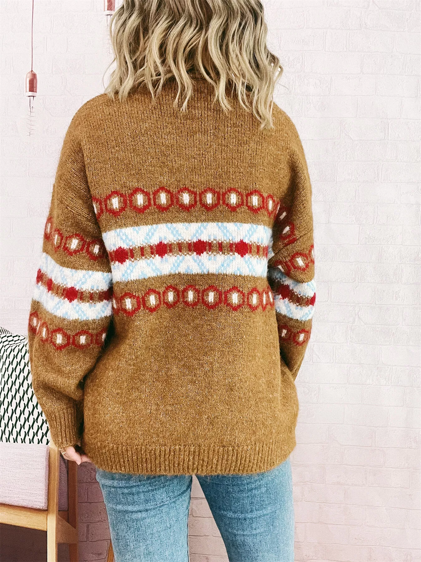 Contrast Round Neck Drop Shoulder Sweater - Image 8