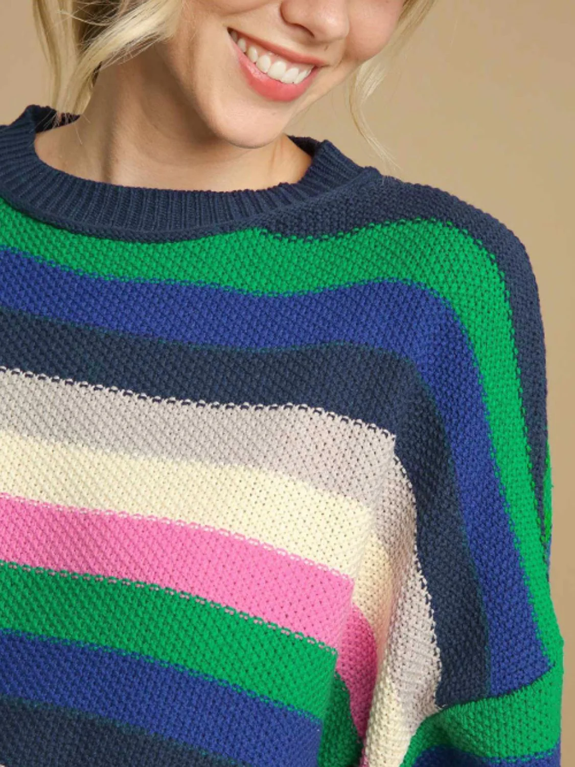 Contrast Striped Round Neck Long Sleeve Sweater - Image 6