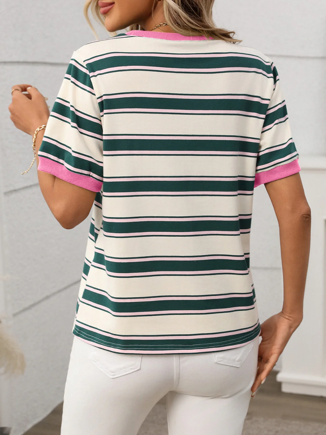 Contrast Striped Round Neck Short Sleeve T-Shirt - Image 10