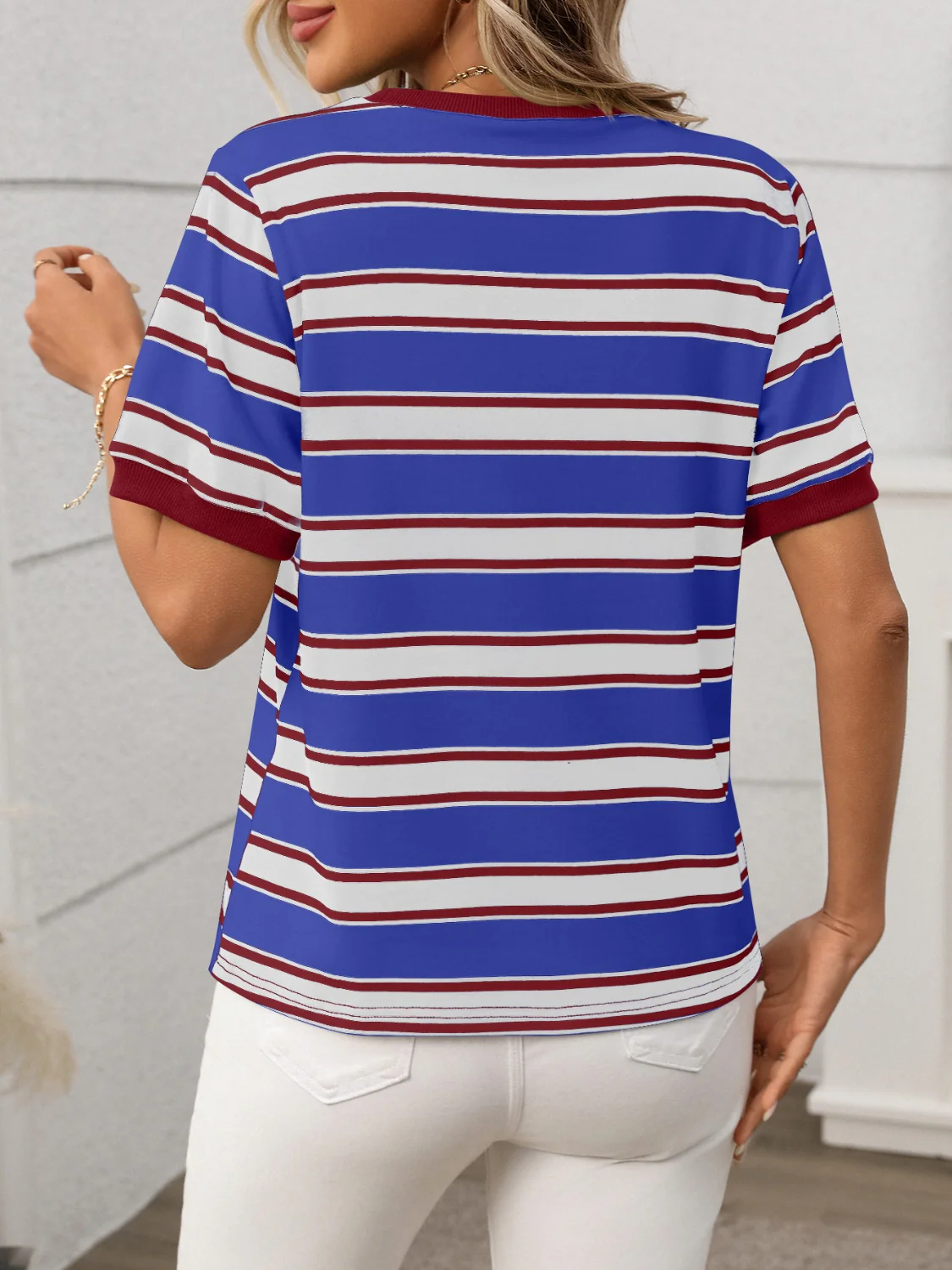 Contrast Striped Round Neck Short Sleeve T-Shirt - Image 18