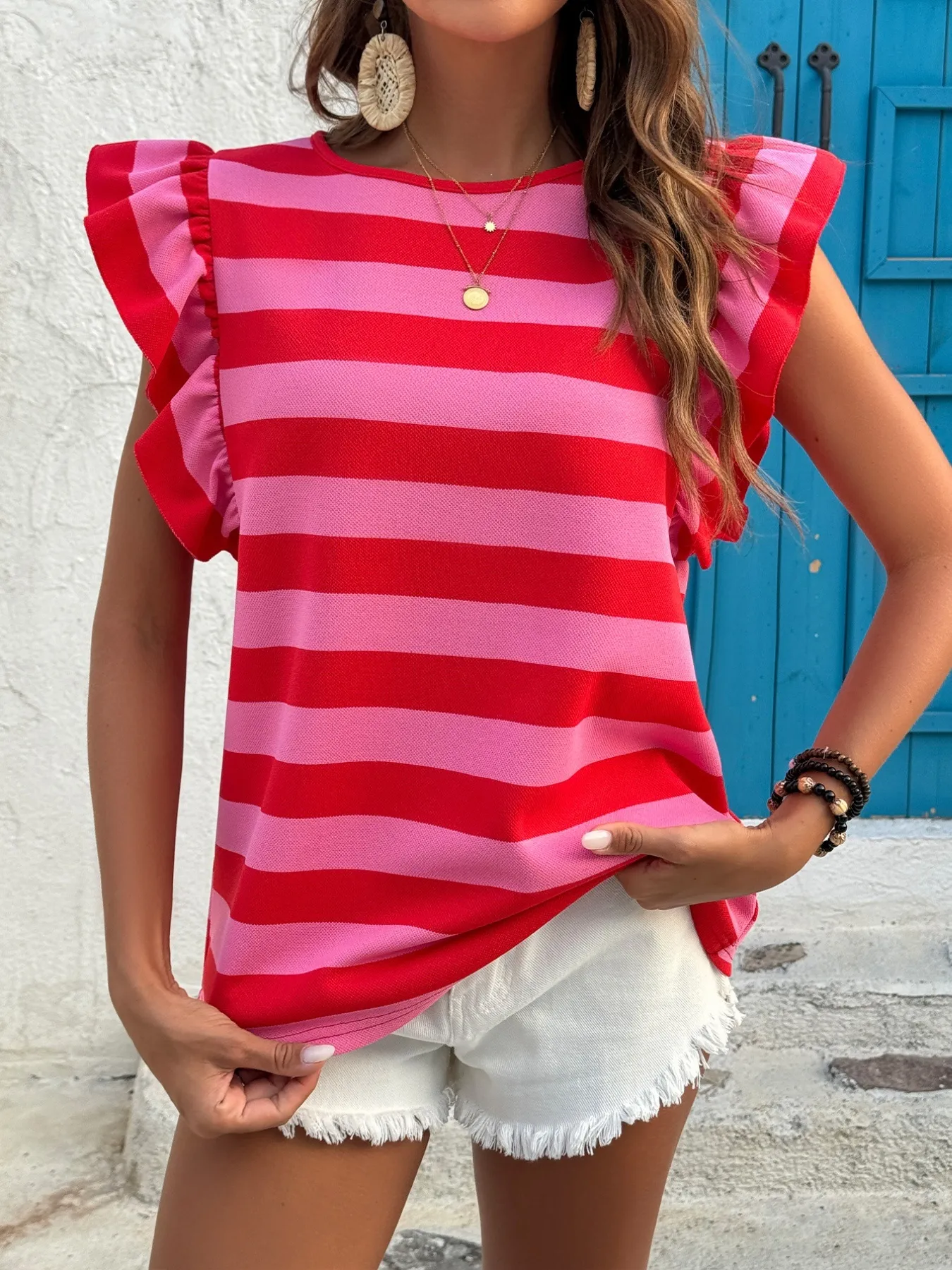 Contrast Striped Ruffle Sleeve T-Shirt - Image 10