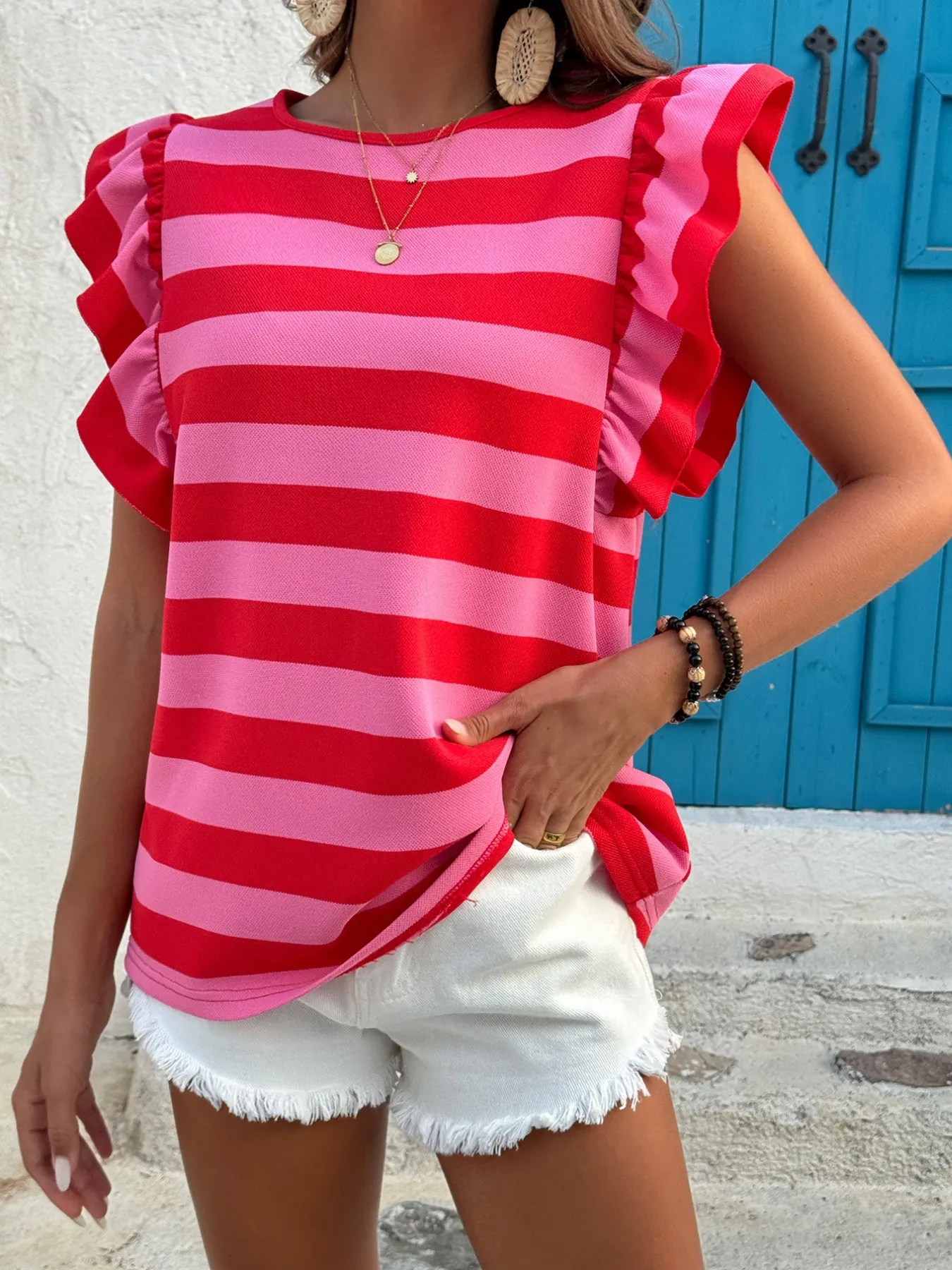 Contrast Striped Ruffle Sleeve T-Shirt - Image 11