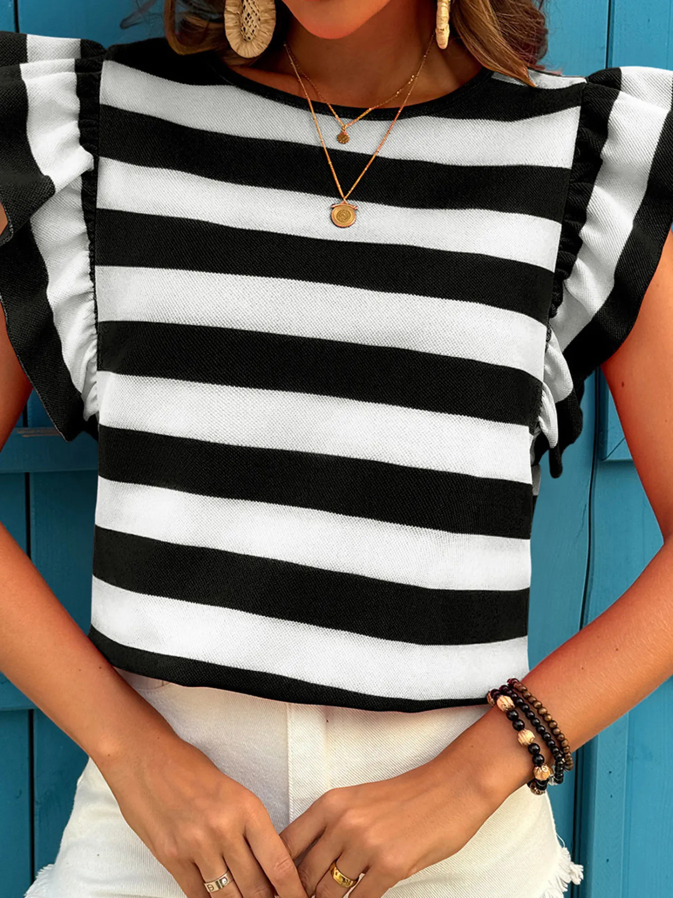 Contrast Striped Ruffle Sleeve T-Shirt - Image 6