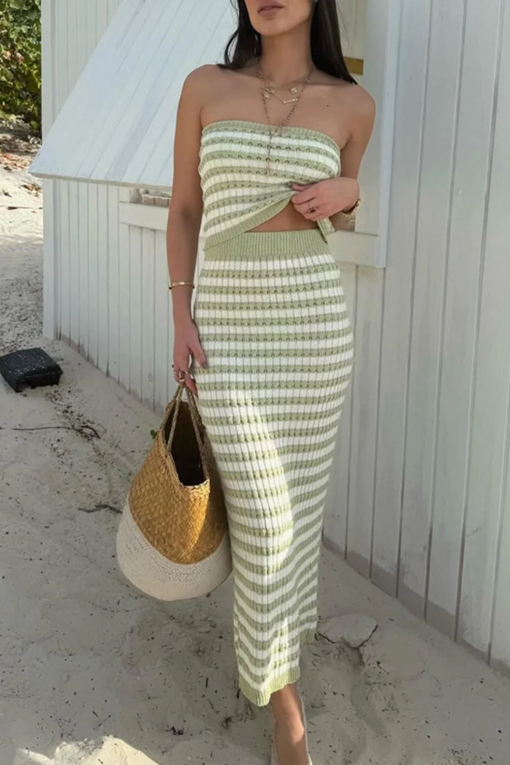 Contrast Striped Tube Top and Skirt Sweater Set - Image 3