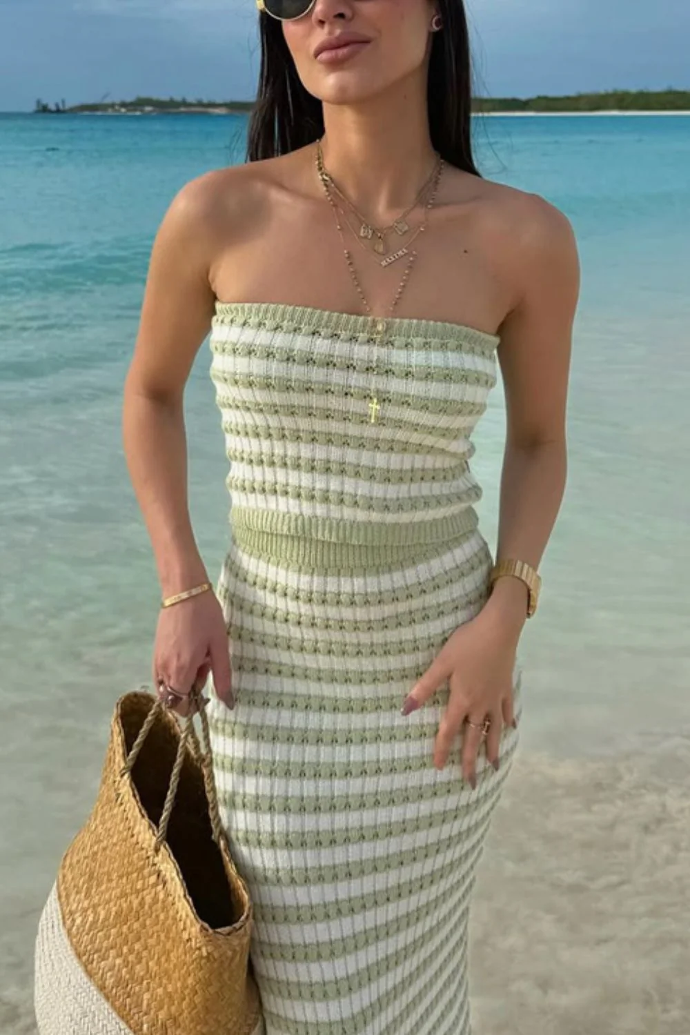 Contrast Striped Tube Top and Skirt Sweater Set - Image 6