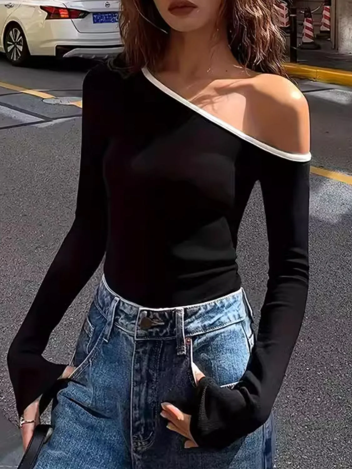 Contrast Trim One Shoulder Long Sleeve T-Shirt - Image 4