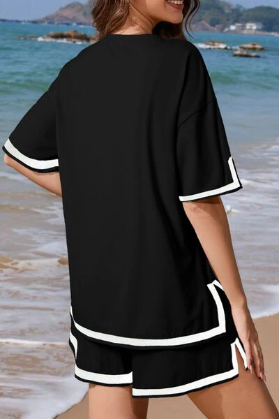Contrast Trim Tee and Shorts Set - Image 2