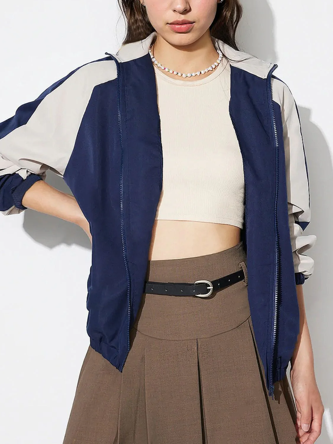 Contrast Zip Up Collared Neck Long Sleeve Jacket - Image 5