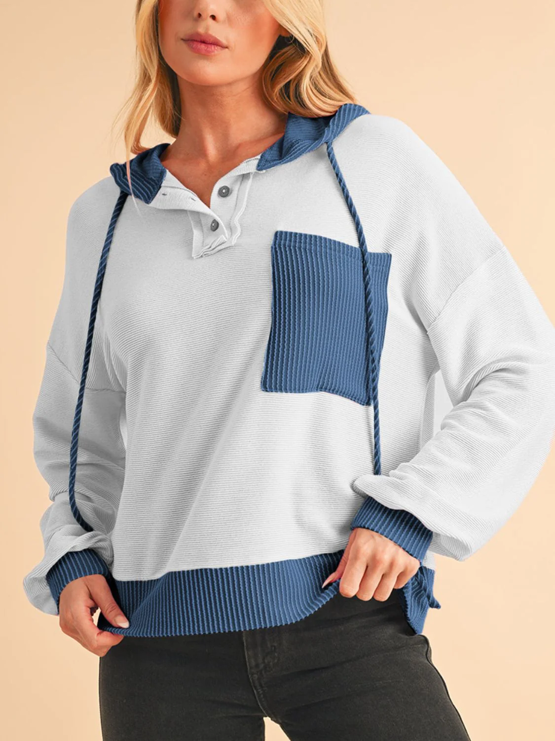 Corded Color Block Drawstring Hoodie - Image 10