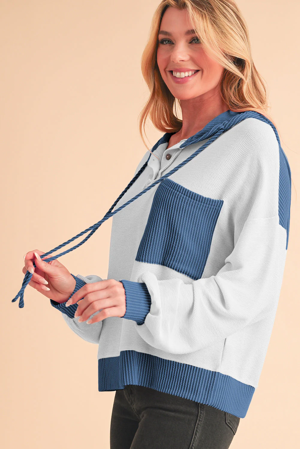 Corded Color Block Drawstring Hoodie - Image 11
