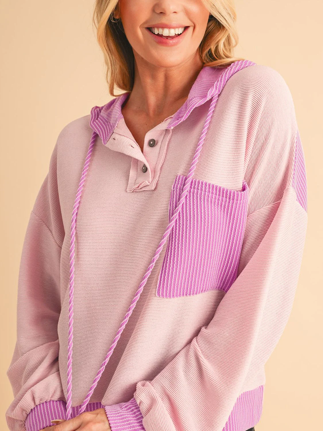 Corded Color Block Drawstring Hoodie - Image 3