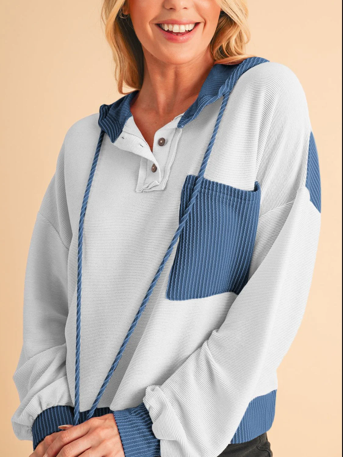 Corded Color Block Drawstring Hoodie - Image 9