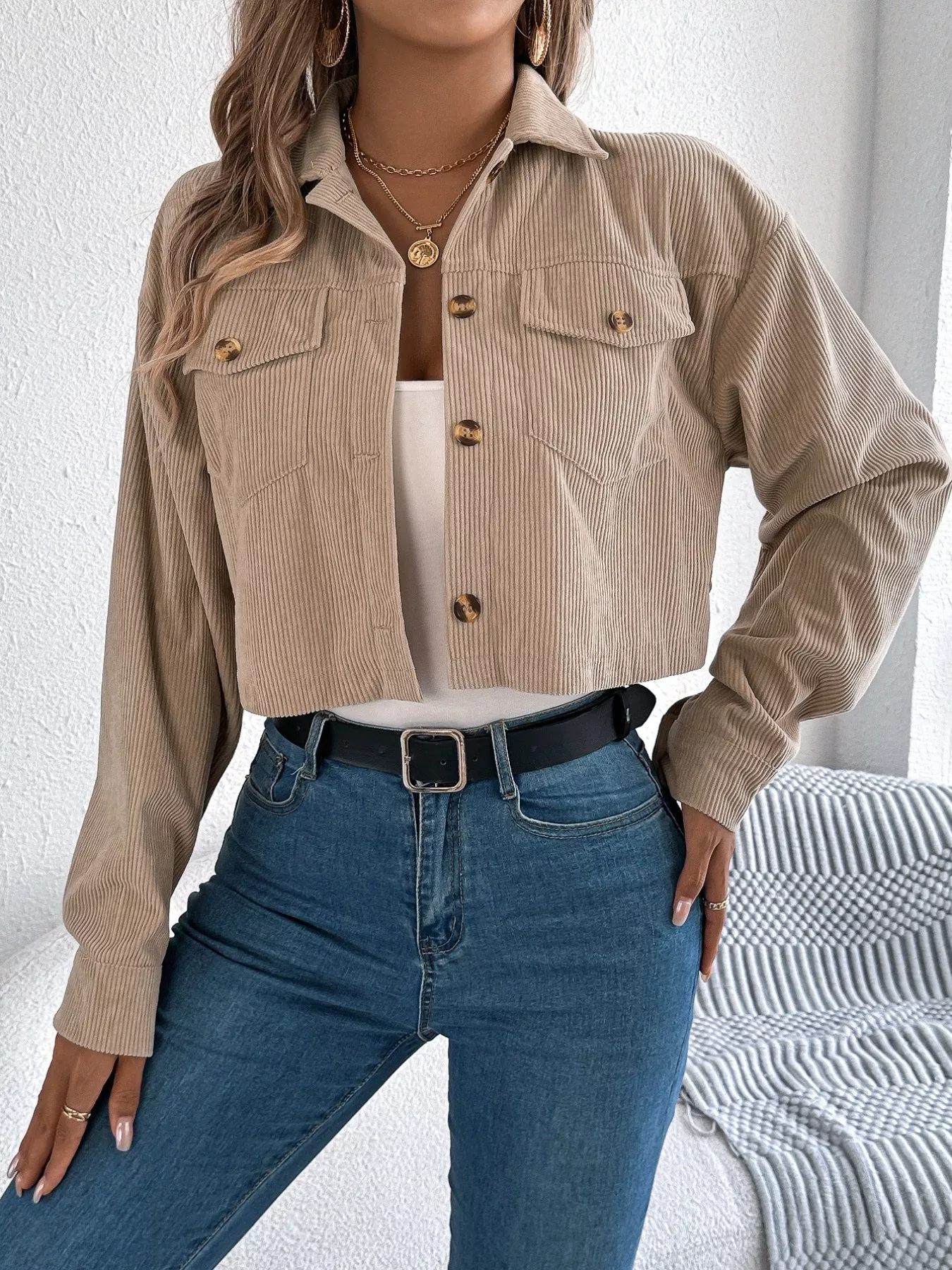 Corduroy Button-Up Dropped Shoulder Jacket - Image 16