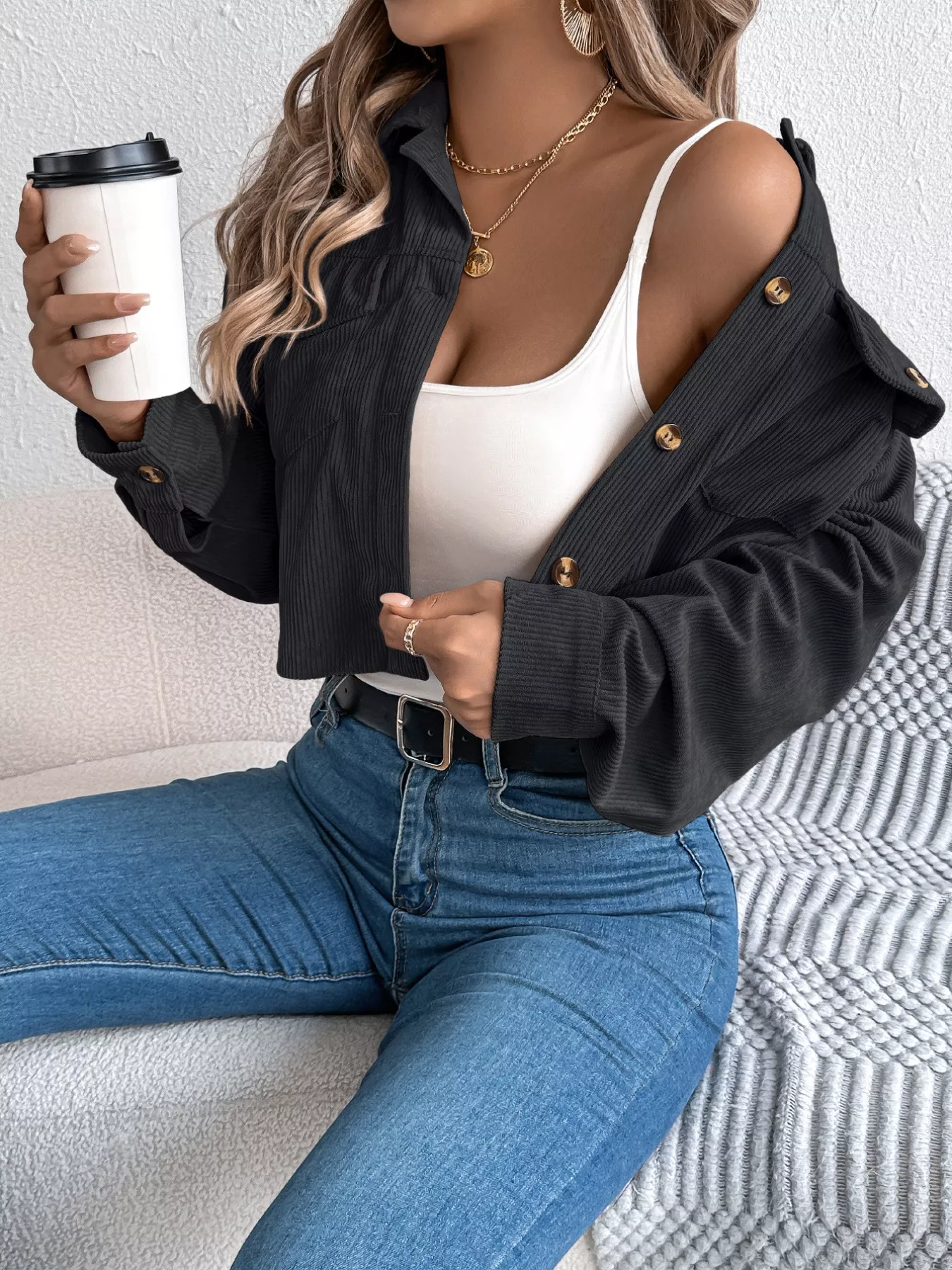 Corduroy Button-Up Dropped Shoulder Jacket - Image 3