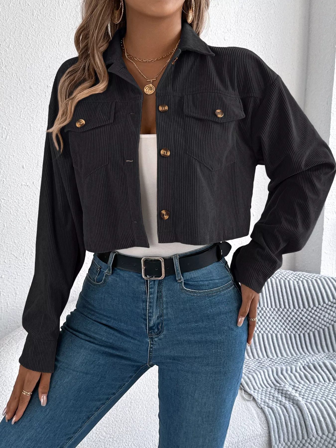 Corduroy Button-Up Dropped Shoulder Jacket - Image 5