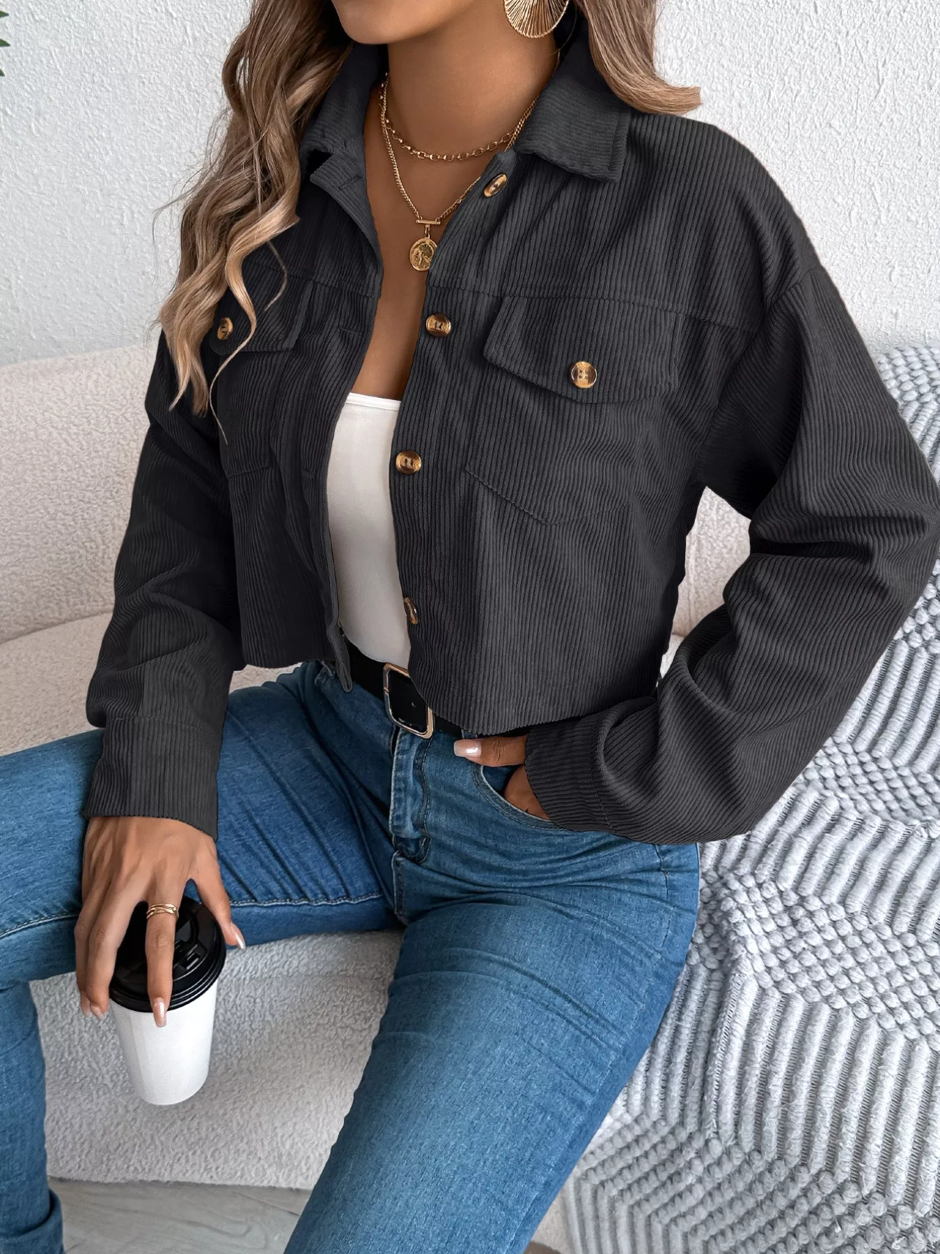 Corduroy Button-Up Dropped Shoulder Jacket - Image 6