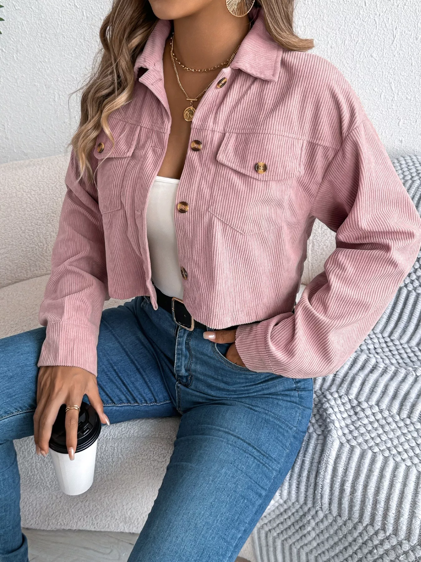 Corduroy Button-Up Dropped Shoulder Jacket - Image 7