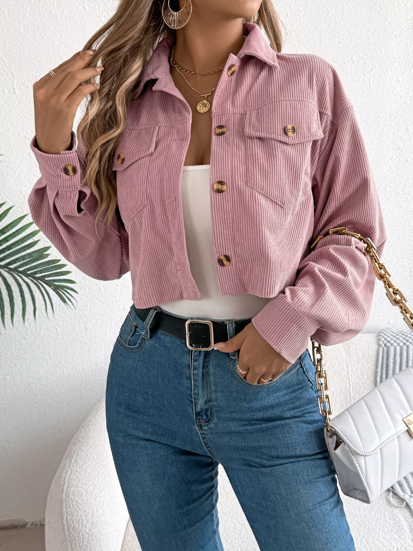 Corduroy Button-Up Dropped Shoulder Jacket - Image 9