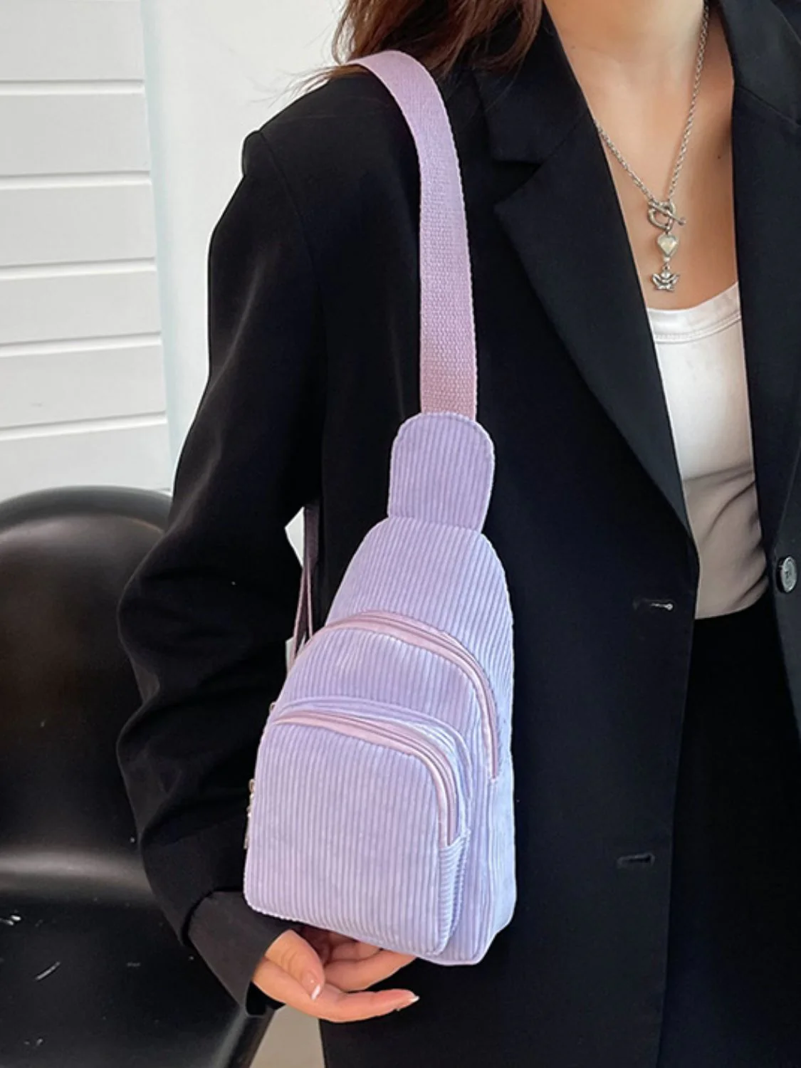Corduroy Solid Color Crossbody Bag - Image 4