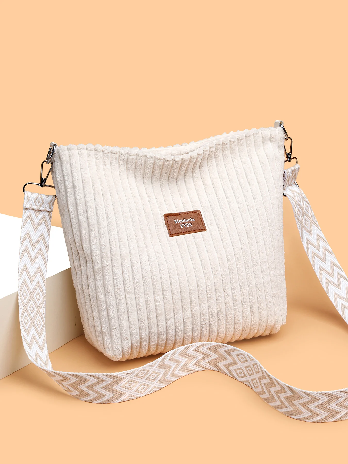 Corduroy Solid Color Crossbody Bag with Removable Strap - Image 14