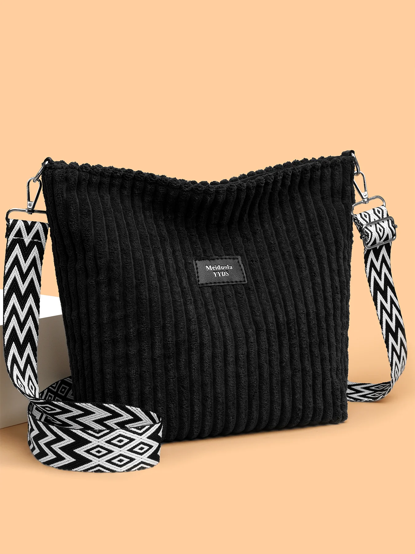 Corduroy Solid Color Crossbody Bag with Removable Strap - Image 8