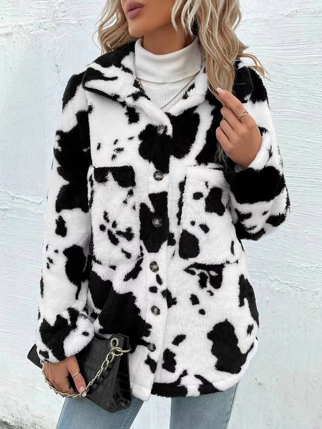 Cow Print Collared Neck Button Up Fuzzy Jacket - Image 2
