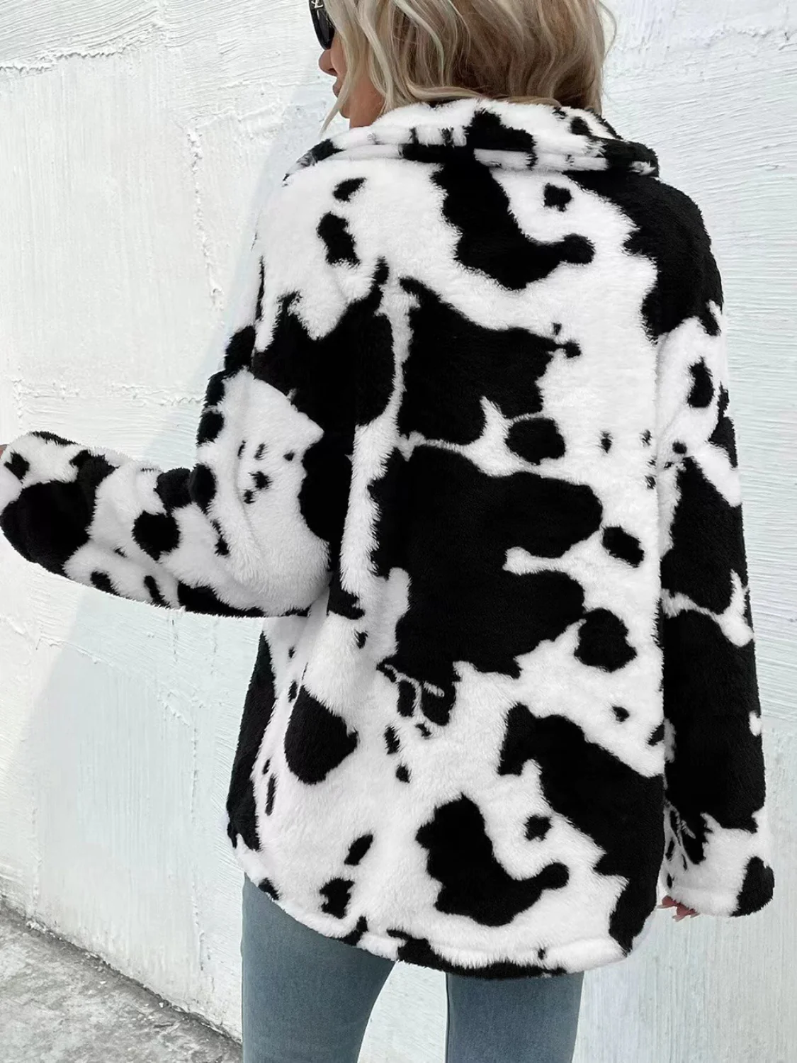 Cow Print Collared Neck Button Up Fuzzy Jacket - Image 4