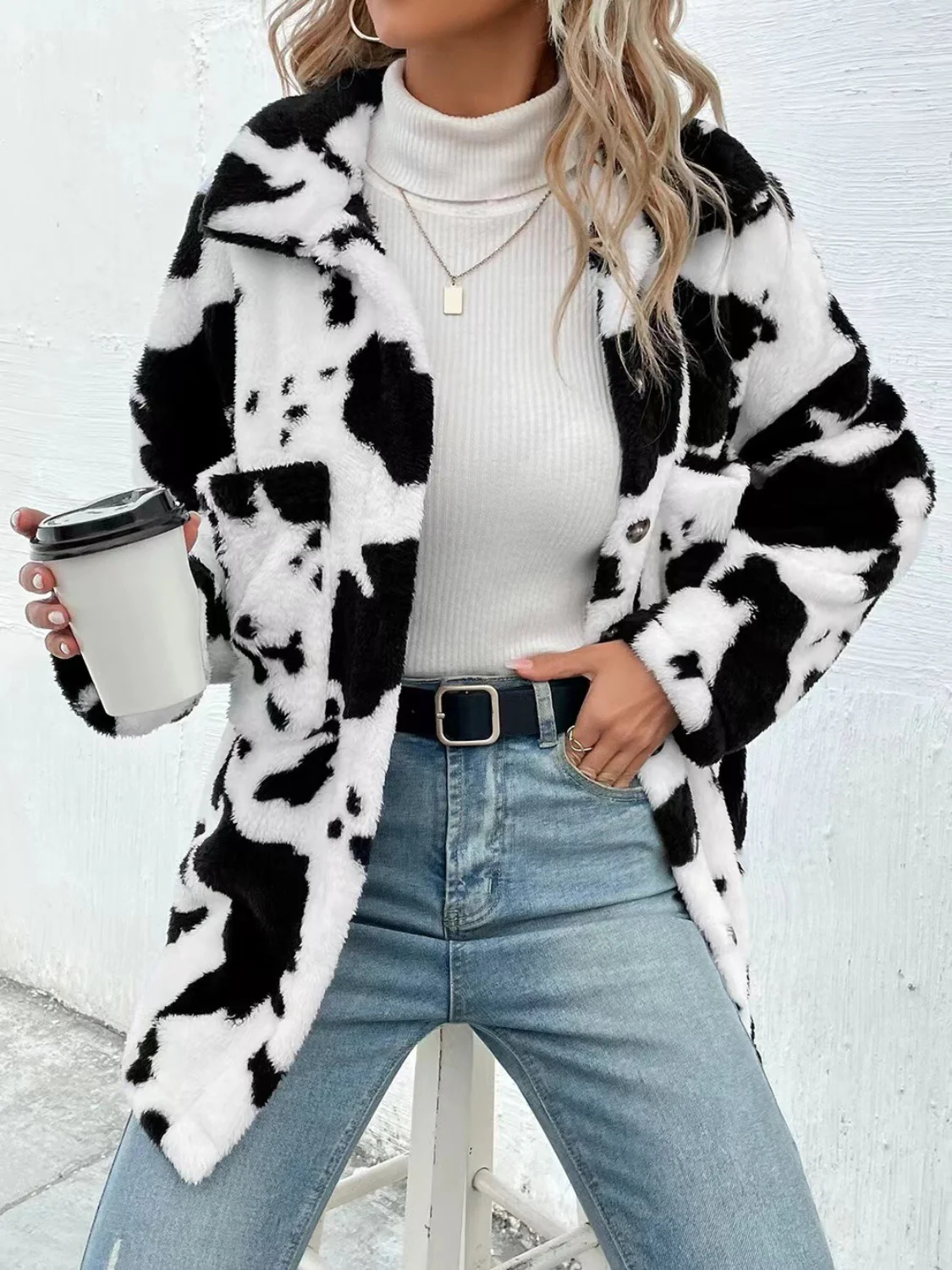 Cow Print Collared Neck Button Up Fuzzy Jacket - Image 5