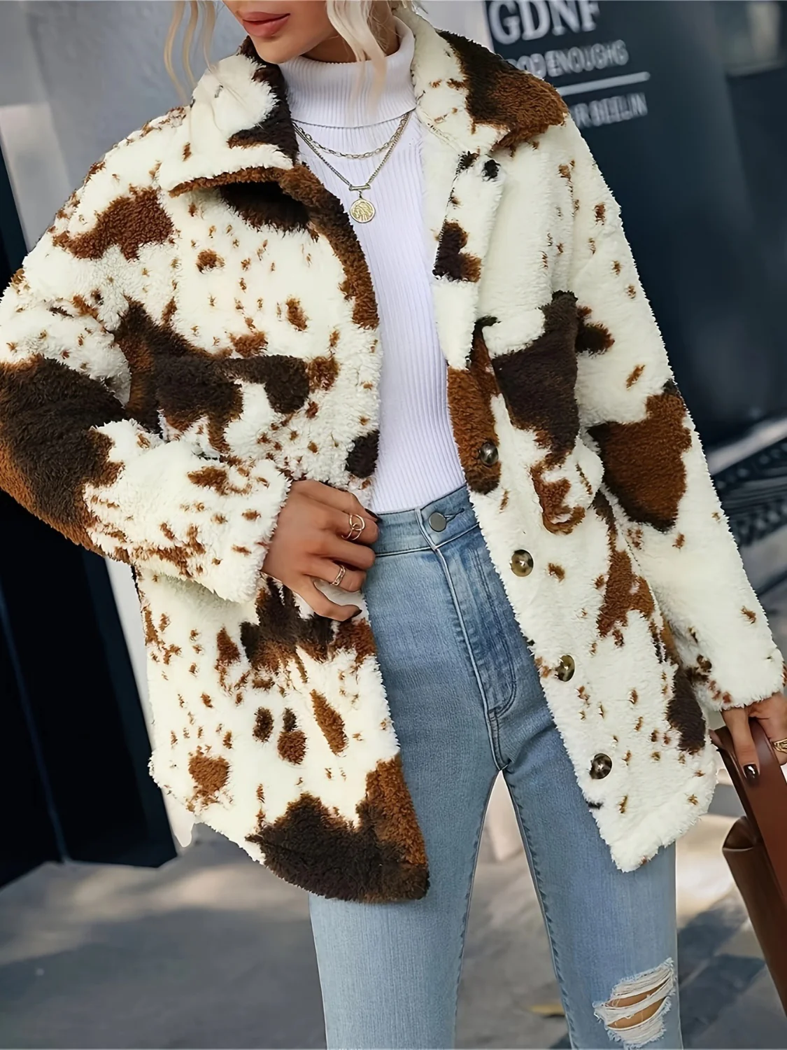 Cow Print Collared Neck Button Up Fuzzy Jacket - Image 6