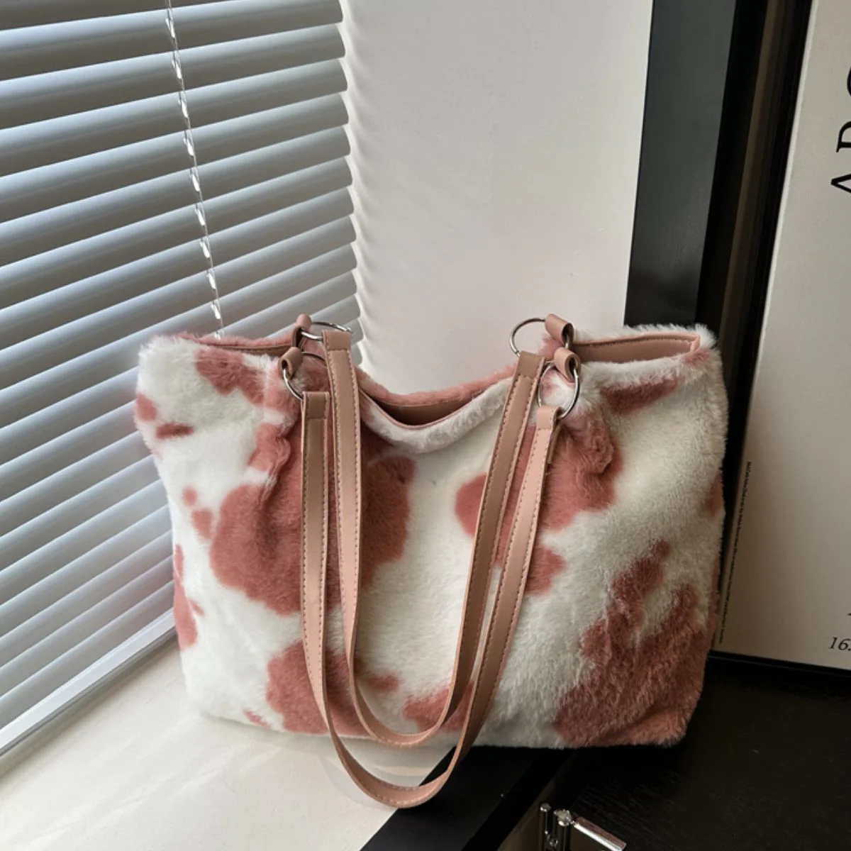 Cow Print Furry Tote Bag - Image 13