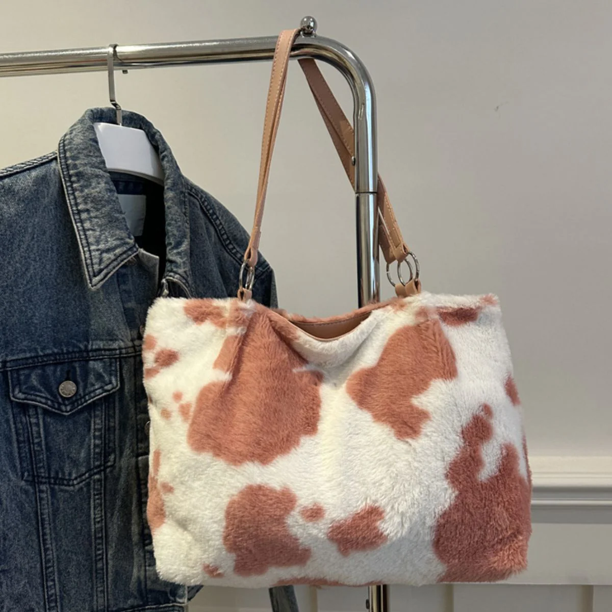 Cow Print Furry Tote Bag - Image 14