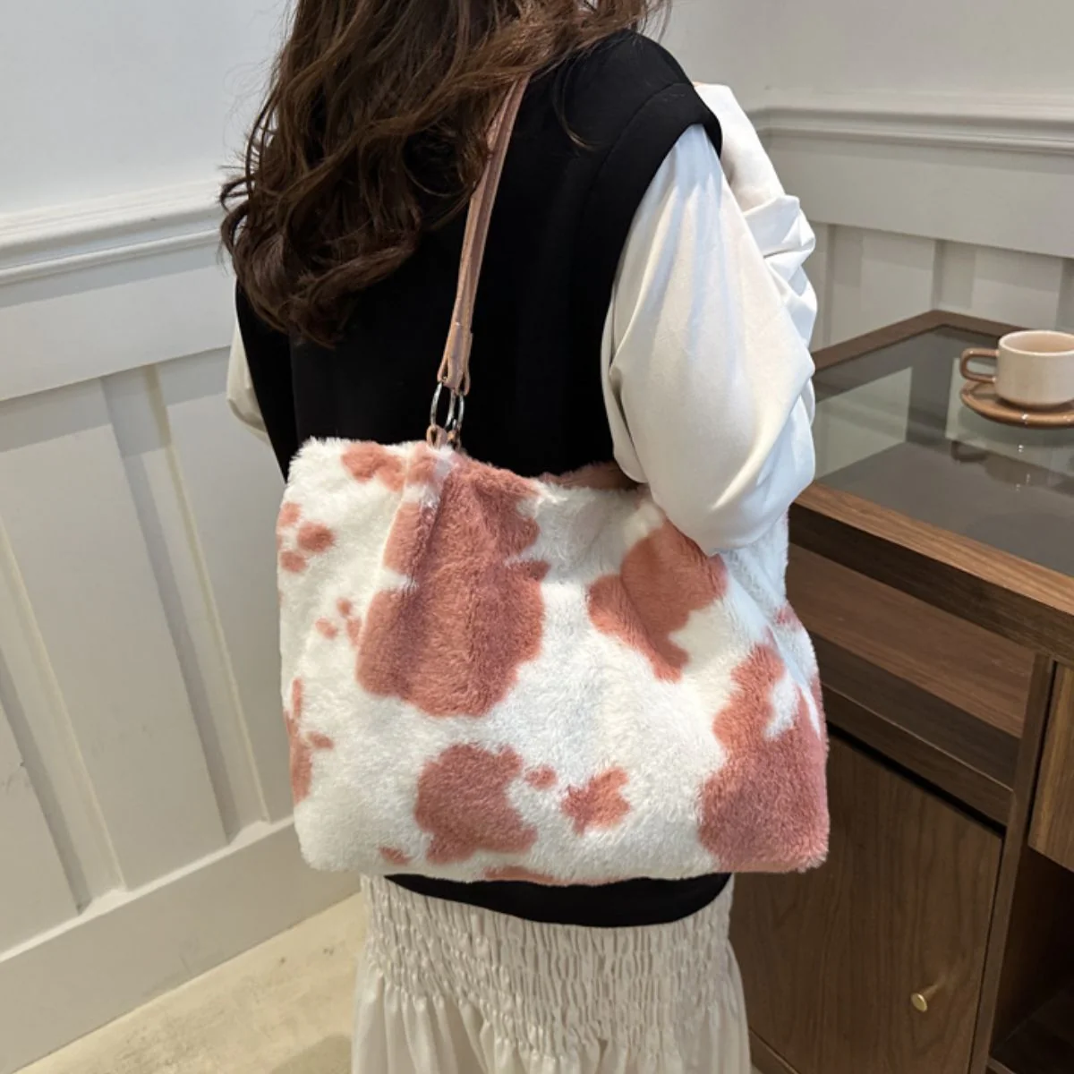 Cow Print Furry Tote Bag - Image 16