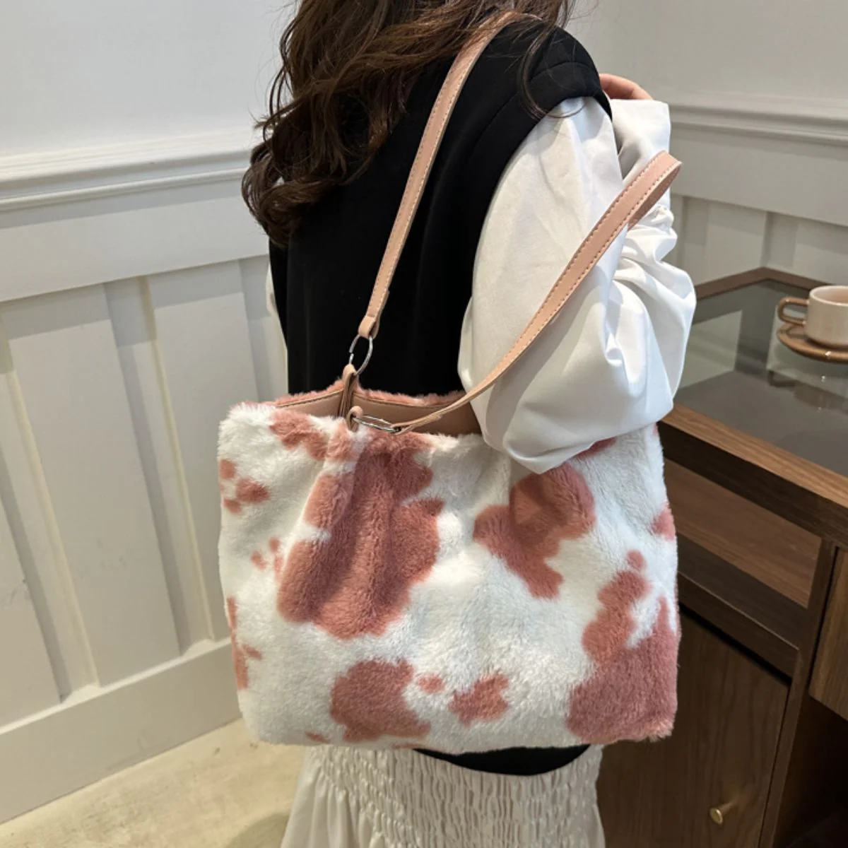 Cow Print Furry Tote Bag - Image 17
