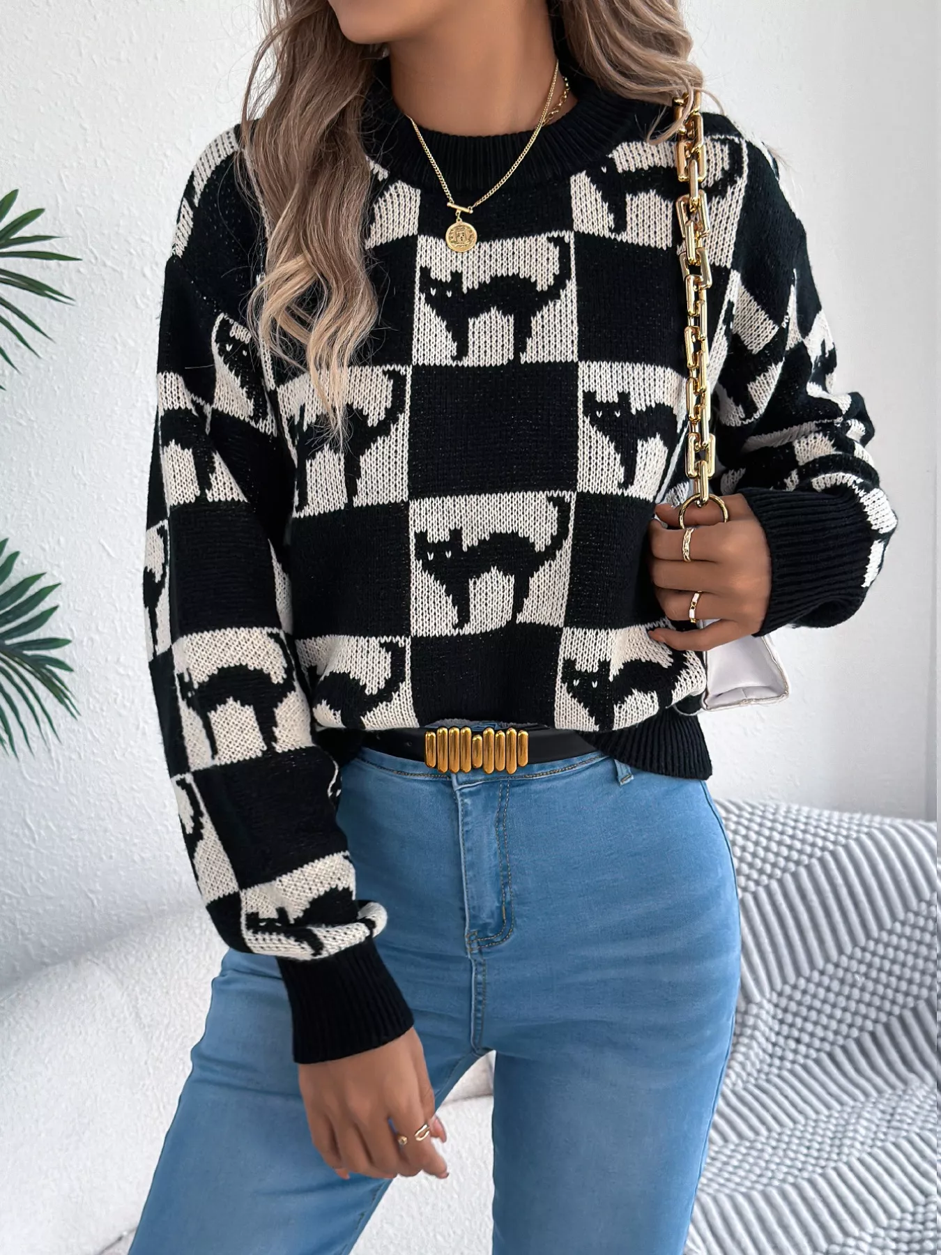 Cozy Cat Checkerboard Pattern Sweater - Image 2