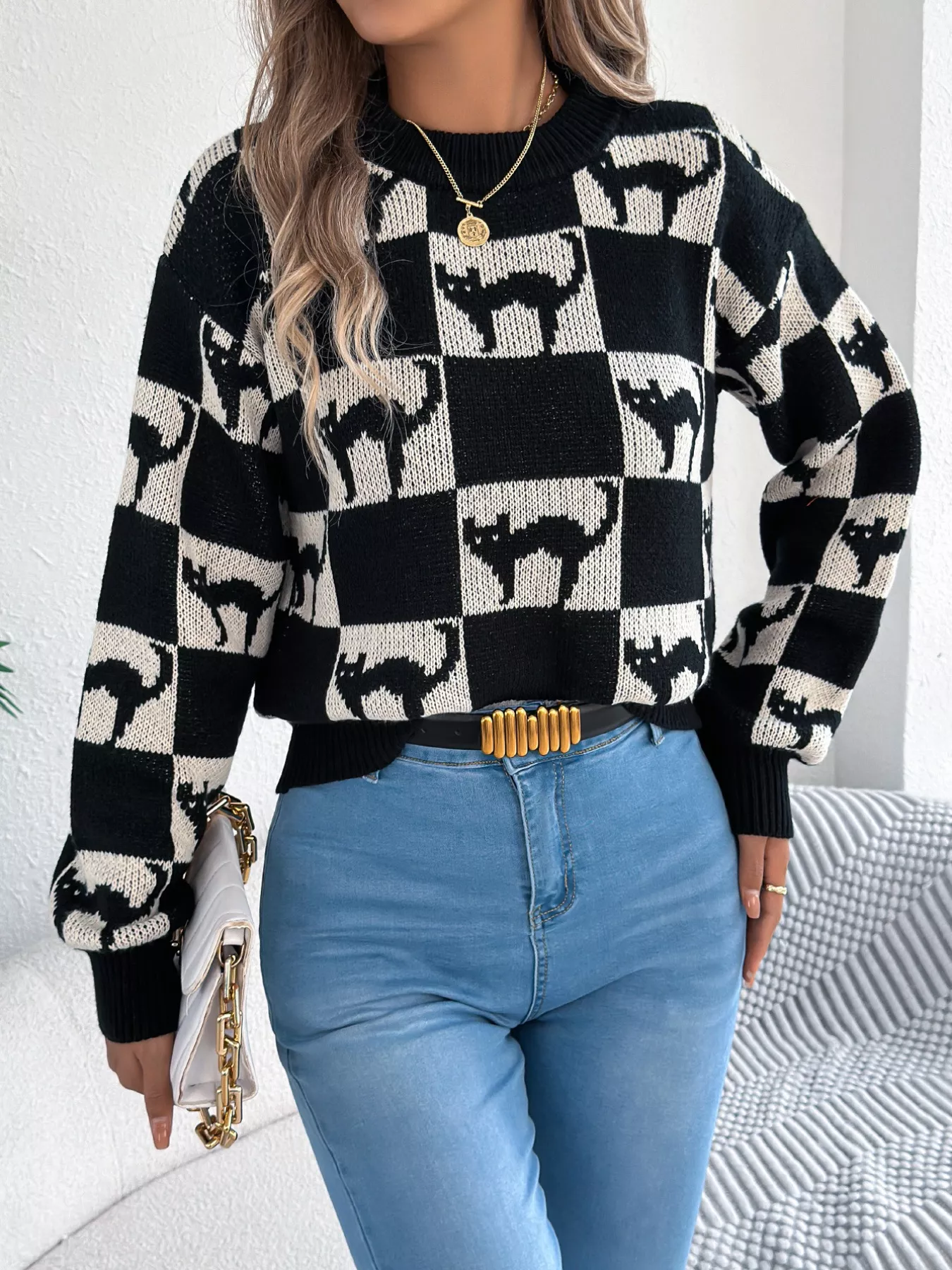 Cozy Cat Checkerboard Pattern Sweater - Image 3