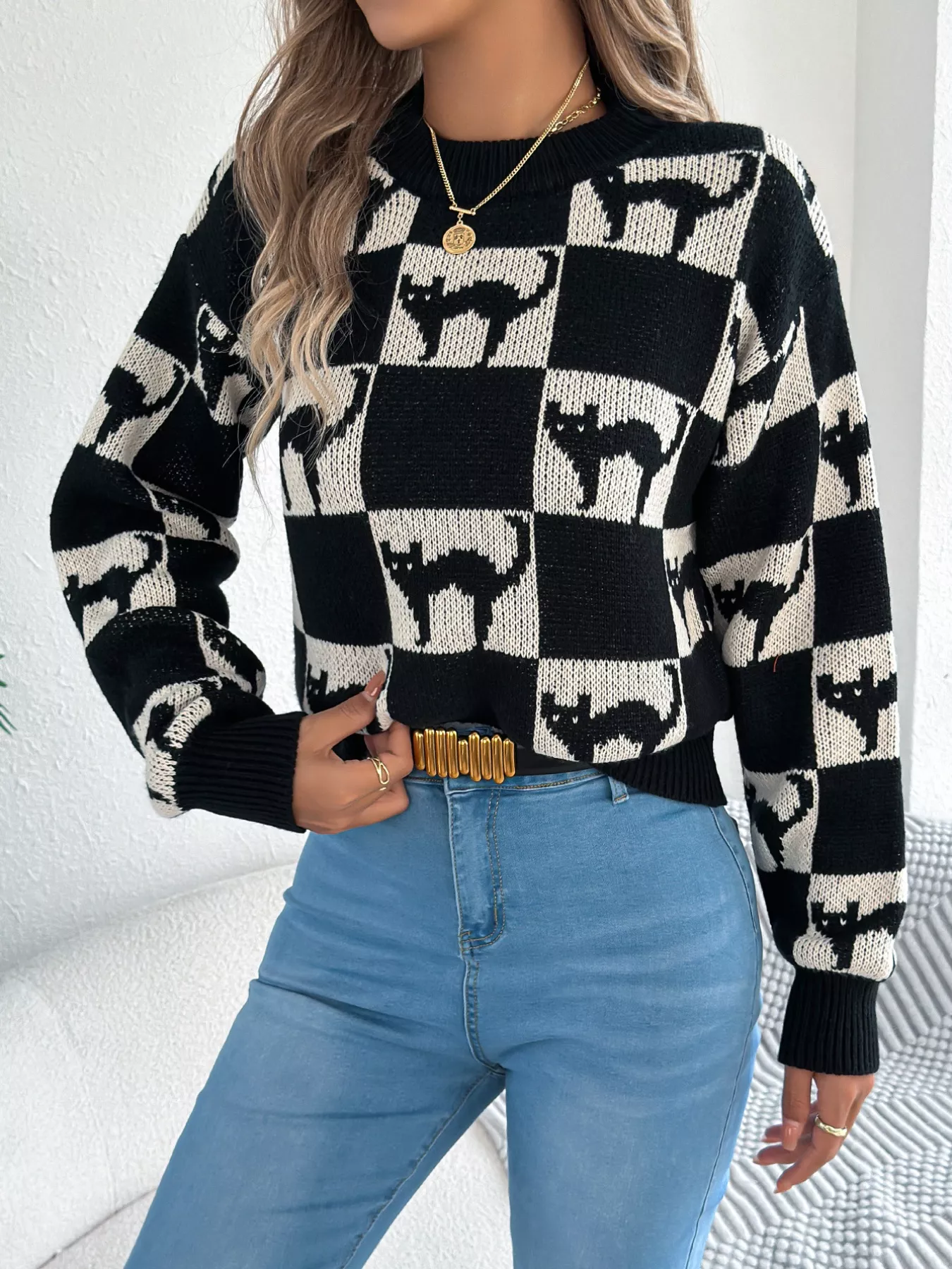 Cozy Cat Checkerboard Pattern Sweater - Image 4