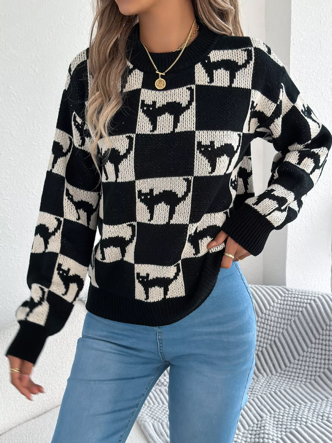 Cozy Cat Checkerboard Pattern Sweater - Image 5