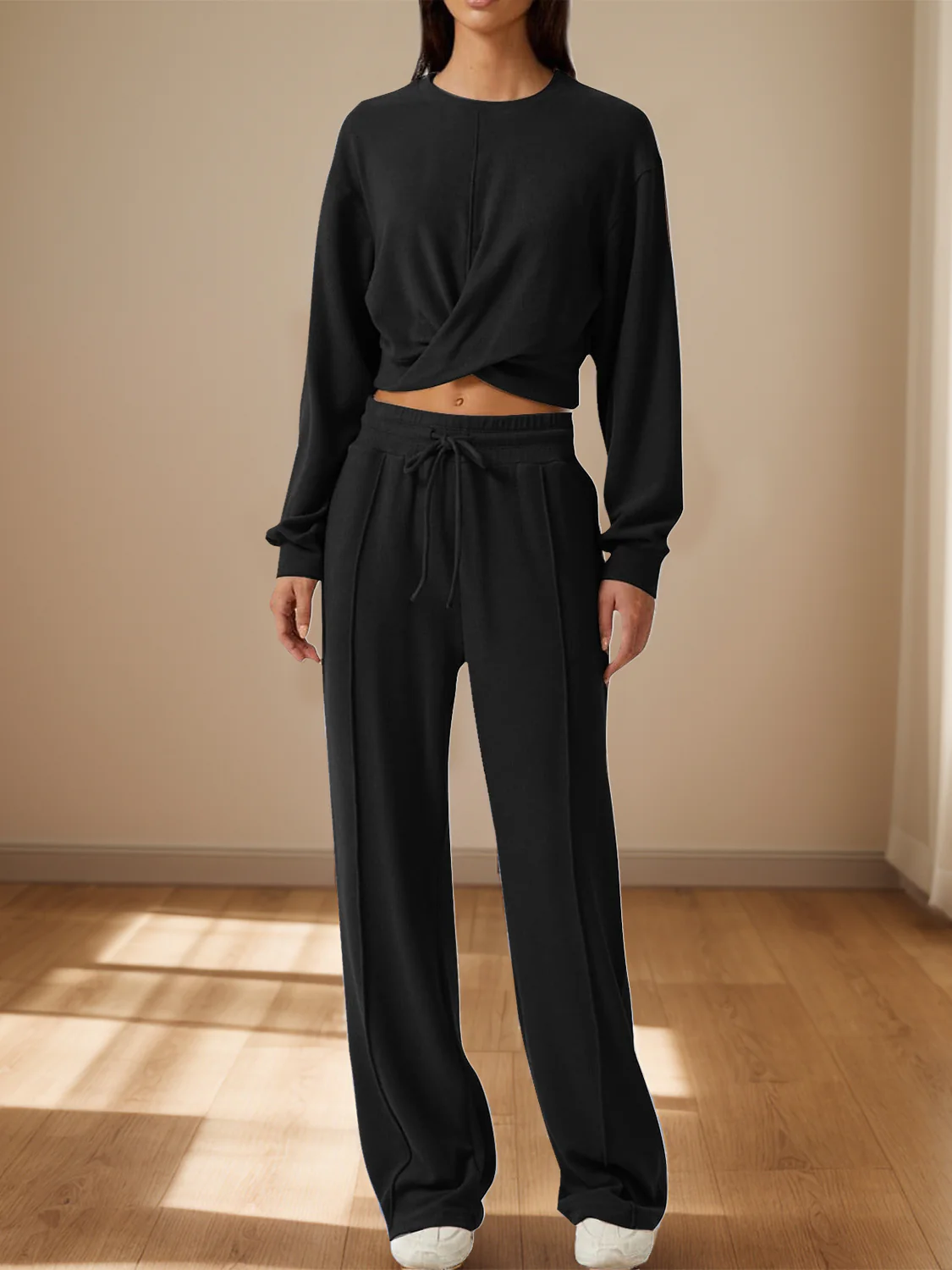 Crisscross Round Neck Top and Drawstring Pants Set - Image 11