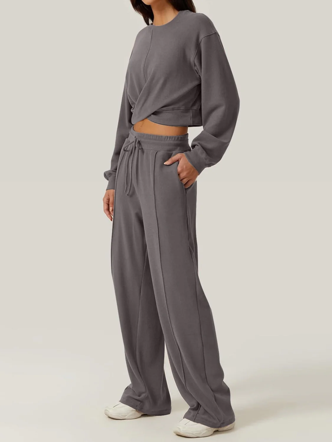 Crisscross Round Neck Top and Drawstring Pants Set - Image 14