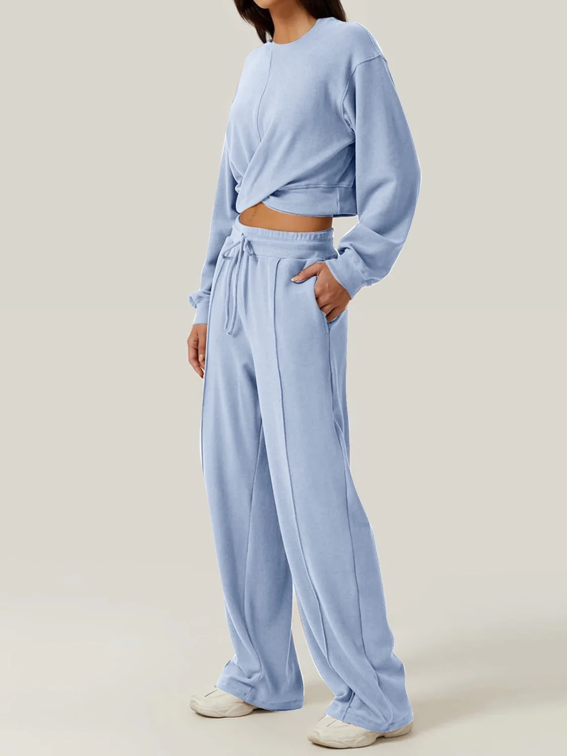 Crisscross Round Neck Top and Drawstring Pants Set - Image 16