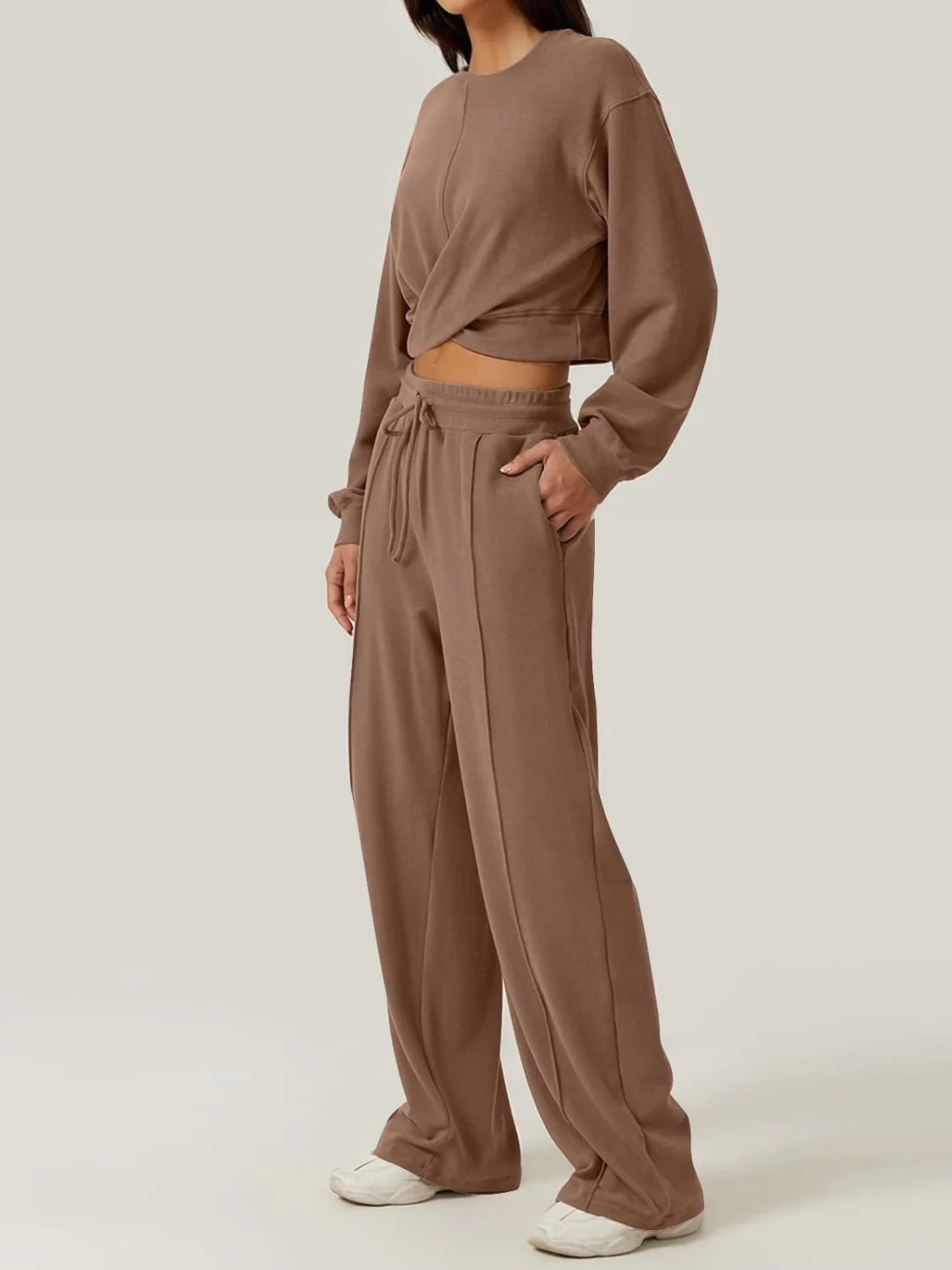 Crisscross Round Neck Top and Drawstring Pants Set - Image 3