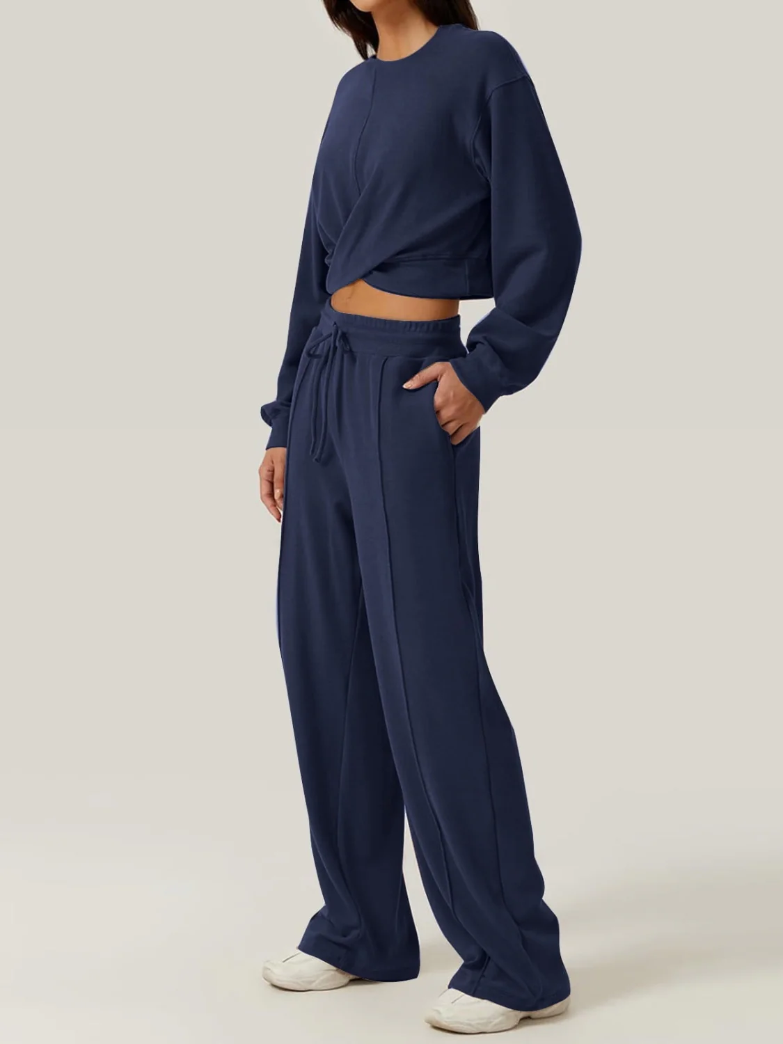 Crisscross Round Neck Top and Drawstring Pants Set - Image 4
