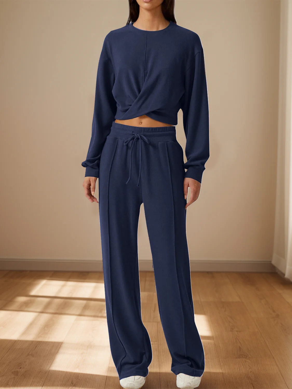 Crisscross Round Neck Top and Drawstring Pants Set - Image 5