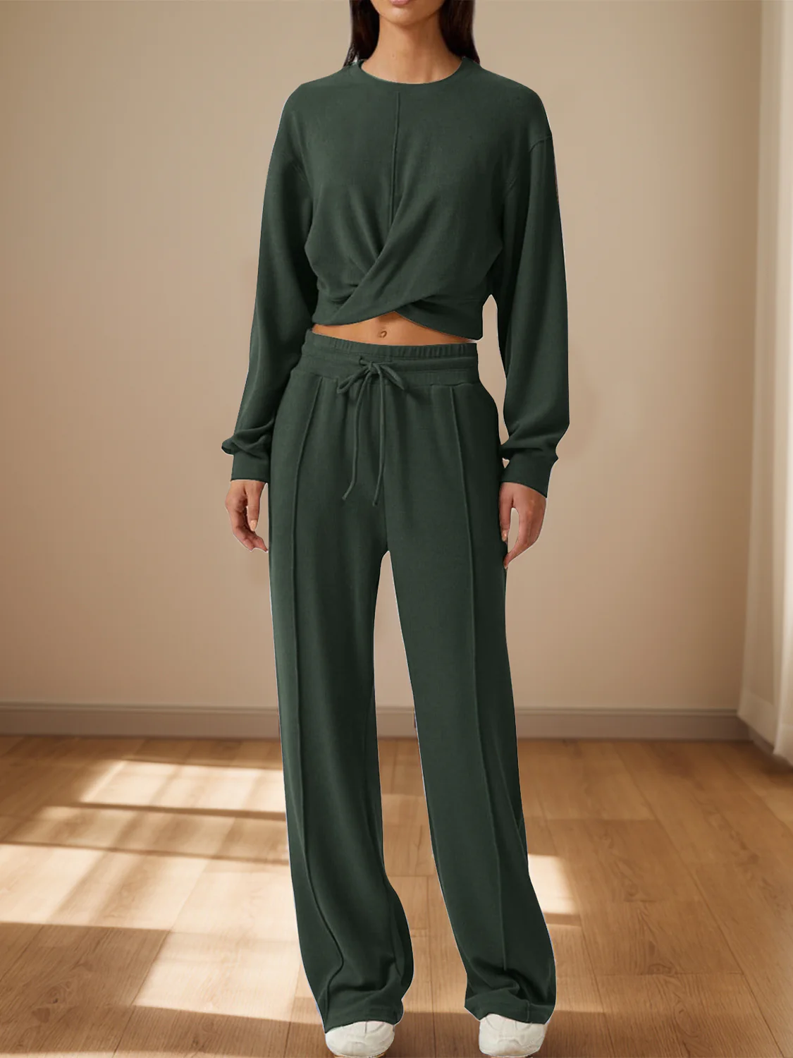 Crisscross Round Neck Top and Drawstring Pants Set - Image 8