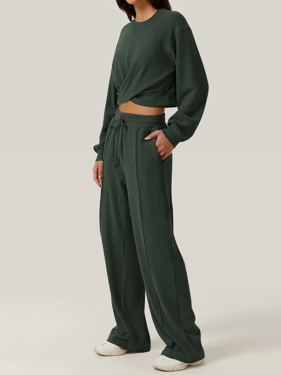 Crisscross Round Neck Top and Drawstring Pants Set - Image 9