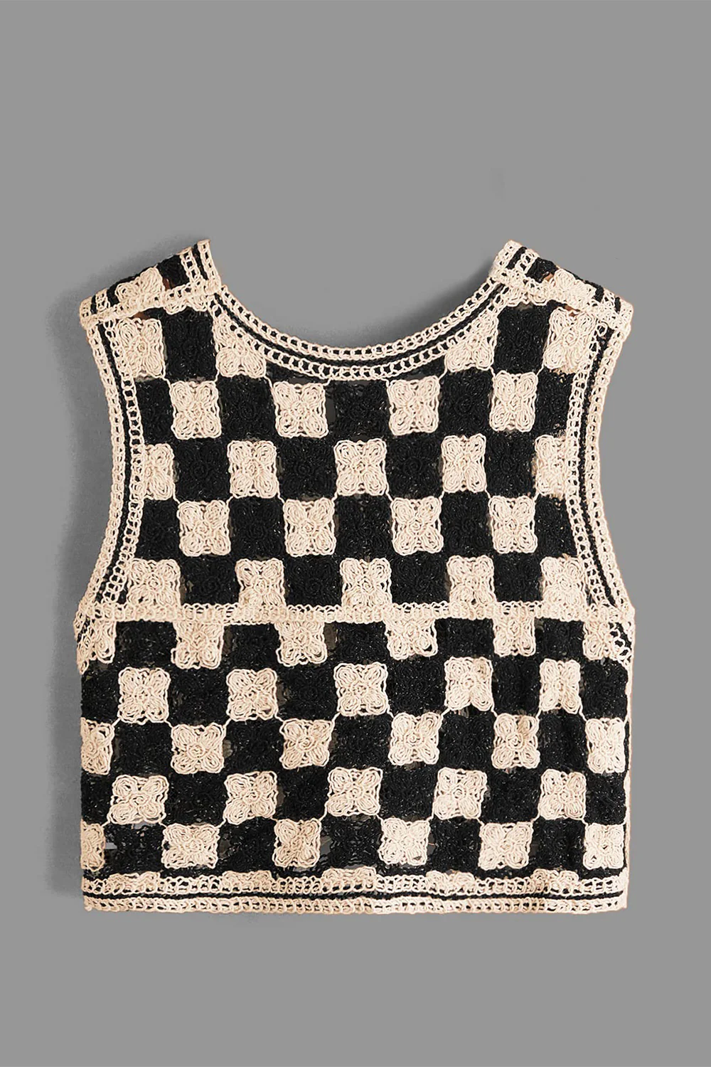 Crochet Checkered V-Neck Button Up Vest - Image 3