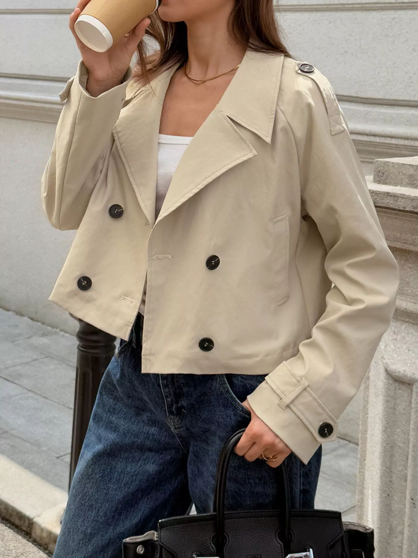 Cropped Double-Breasted Raglan Sleeve Jacket - Image 2