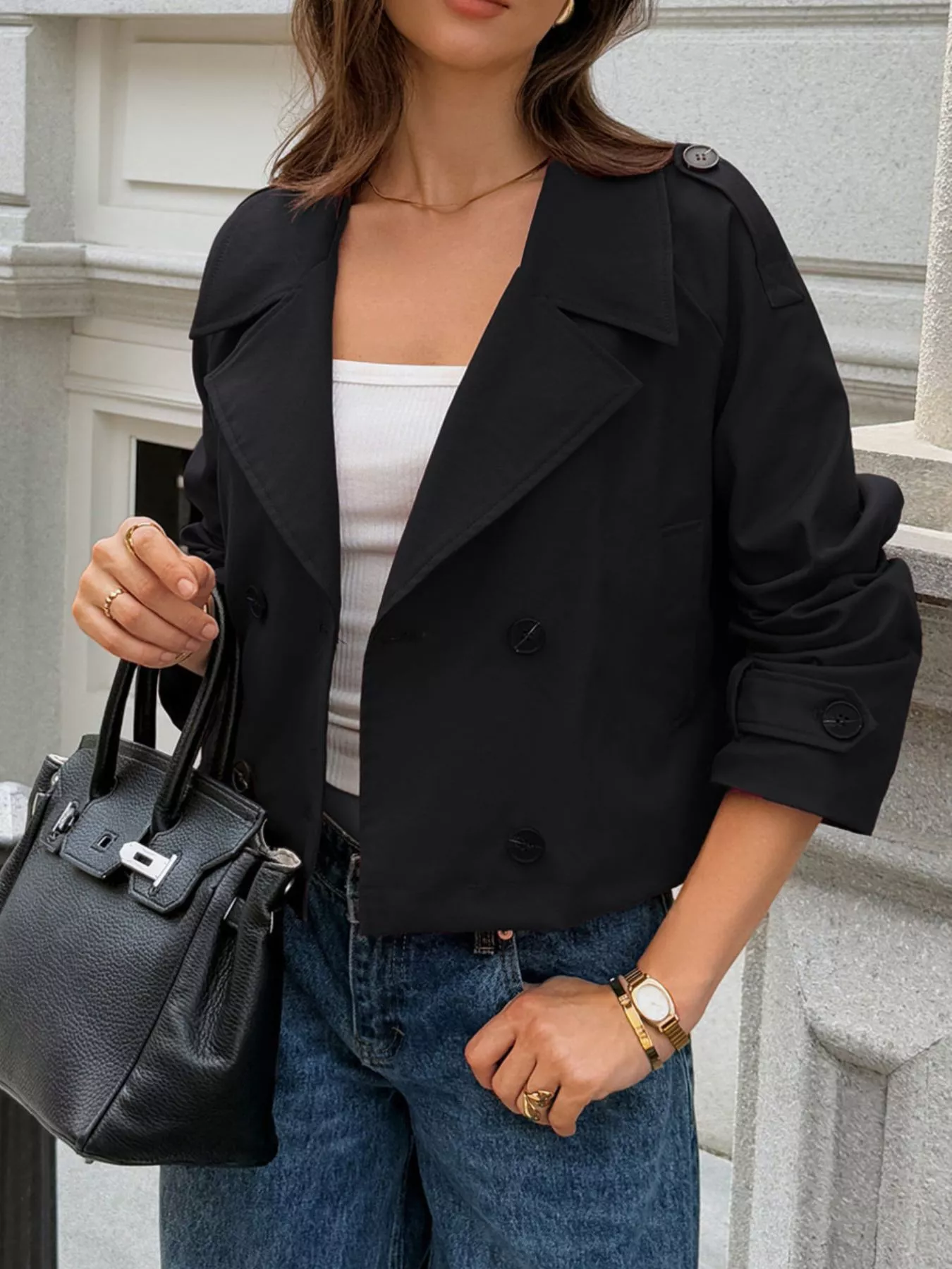 Cropped Double-Breasted Raglan Sleeve Jacket - Image 4